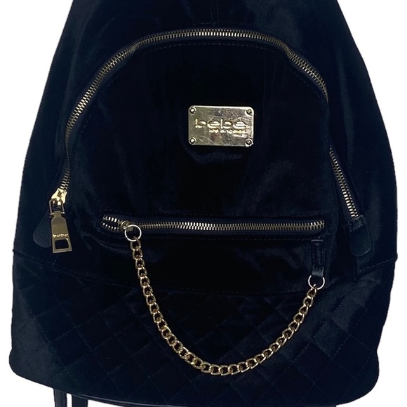 Bebe Women’s Black Gina Velvet Large Backpack Gold Tone Hardware Adjustable - Picture 3 of 16